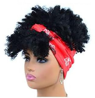 Afro Curly Headband Wigs for Women, Short Afro Kinky Wig with Bangs Wrap Headband Wigs 2 in 1, Synthetic Turban Wig Afro Scarf Wig Glue-Free Heat-Resistant Fiber Hair TJC1-1B