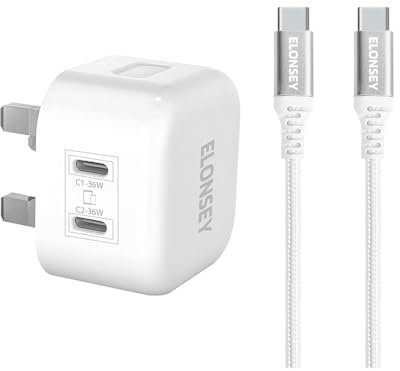 ELONSEY 36W 2xPD Wall Charger + USB-C to USB-C 100W braided cable, 3.0 Charging Adapter Comptible with iPhon 15/15 Pro Max/15 Pro/15 mini/12/11, New iPd 9, iPd mini 6, Glaxy S23 - White (36W+2PD)