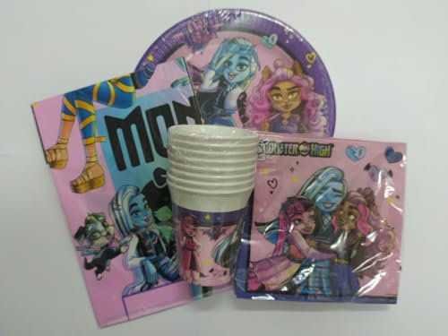 Lote de Vajillas Juveniles Monster High (8 Vasos, 8 Platos, 20 Servilletas y 1 Mantel) .Detalles y Decoración para Fiestas de Cumpleaños, Halloween, Bodas, Bautizos, Comuniones. AB