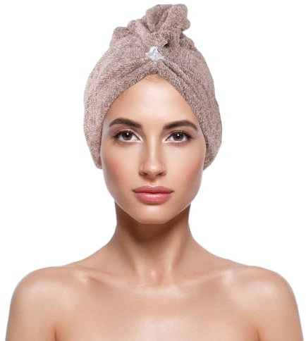 Bestlivings Haarturban (Braun) Cozy mit Knopf - 25x65cm (One Size) Superweich Flauschig - Saugstark, Handtuch Haare Turban Haarhandtuch Schnelltrocknend
