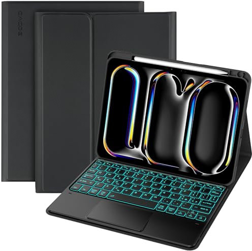 CACOE Cover con Tastiera Compatibile con iPad Pro 11 Pollici 2024 M4 con Touchpad, Custodia con Portapenne QWERTY Wireless Staccabile con Illuminata a 7 Colori, Nero