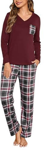 iClosam Pyjama Hiver Chaud Femme Ensemble de Pyjamas 2 Pièces Coton Vêtements de Nuit col V Confortable avec Haut Manche Longue et Bas à Carreaux