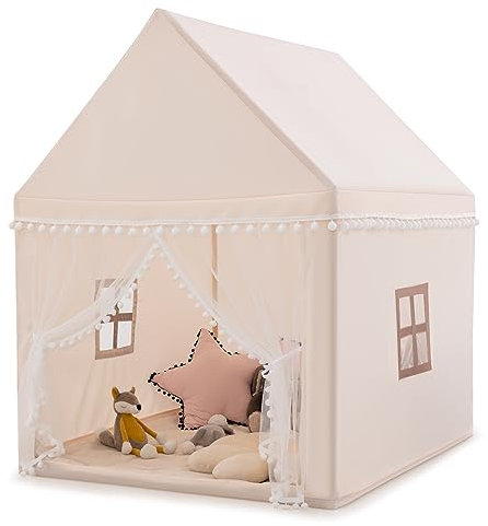 DREAMADE Kinderzelt für Drinnen, Kinder Spielhaus Indoor mit gepolsterter Matte & Massivholzrahmen & Fenstern, Tipi Zelt, Spielzelt für Jungen und Mädchen 120x105x140cm (Modell 1- Beige)