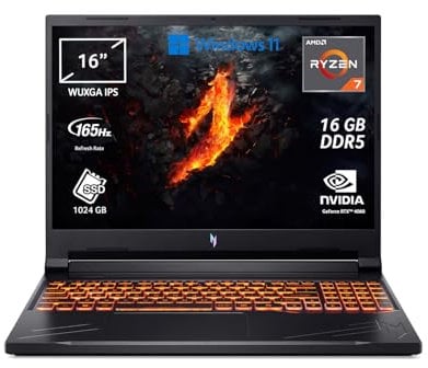 acer Nitro V 16 ANV16-41-R097 Notebook Gaming, Processore AMD Ryzen 7 8845HS, Ram 16 GB DDR5, 1024 GB SSD, Display 16 WUXGA IPS 165 Hz, NVIDIA GeForce RTX 4060 8 GB, Windows 11 Home