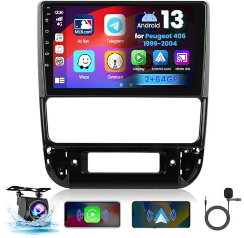 für Peugeot 406 LHD 1999-2004, 2+64G Hikity Autoradio Android mit Carplay Wireless Android Auto, 9 Zoll Touch Display Radio mit Bildschirm GPS Navi Bluetooth FM RDS