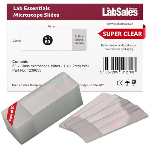 Labsales Academy 50 super clear glass lab microscope slides with frosted writing surface for labs chemistry education & all microscopy work 76mm x 26mm 1.1-1.2mm