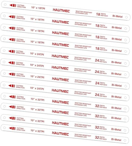 HAUTMEC 250mm Hacksaw Blades Set 18&24&32 TPI – 12 Pack 10 Bi-Metal Replacement Blades with High-Speed Steel Teeth and Spring Steel Body, Professional Grade, Fits Most Hacksaw Frames, HT0440