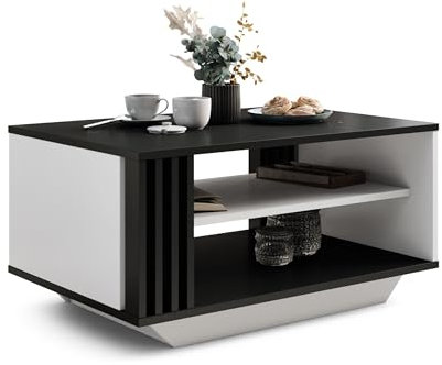 Viosimc Table Basse Moderne avec Lattes Décoratives en Bois et Étagère, Élégante Table Rectangulaire pour Salon – Noir & Blanc