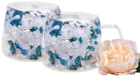 LeKuni Juego de 2 vasos para latte macchiato con flores secas, 200 ml, vasos de doble pared, vasos térmicos de doble pared, para té, hielo, té helado, helado, leche, zumo, azul