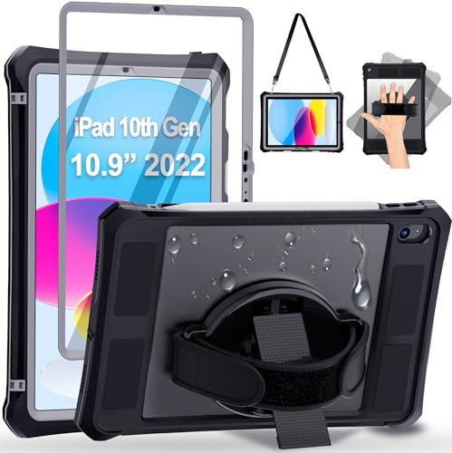 Case for iPad 10th Generation 10.9 inch 2022 with Screen Protector, Waterproof Case for iPad 10th Gen 2022 with Pencil Holder & Stand & Shoulder Strap & Handle, Full-Body Rugged Cover, Black