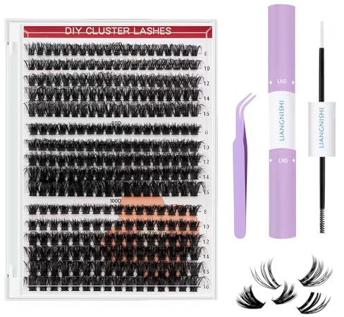 320 Stück Noir Kit D'extension DIY, 60D+80D+100D Kit de Faux Cils Individuels, 8-16mm Faux Cils en Grappe Épais avec Colle Pince à Épiler, Look Naturel Cils en Grappe pour Maquillage Quotidien Fêtes