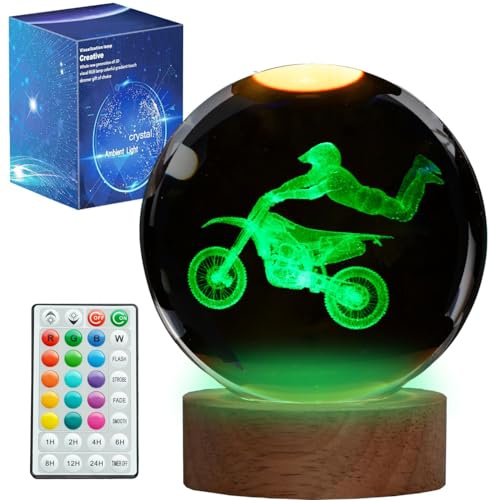 POSSHE Dirt Bike Nachtlicht, Schmutzrad Geschenke, Kugel Schmutzrad Lampe mit 3D 8CM K9 Kristallkugel Fernbedienung mit 16 Farben für Geburtstag Xmas coole Figuren Motorrad Geschenke