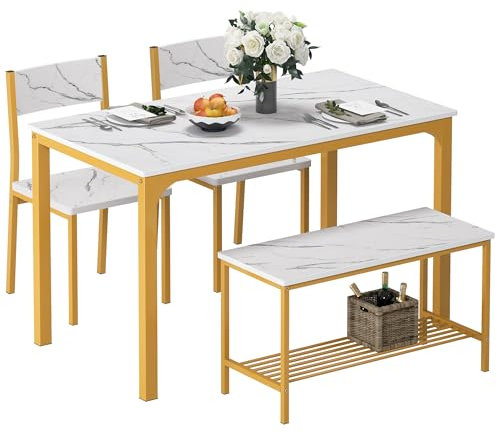 sogesfurniture Essgruppe 4-teilig, mit Esstisch 110 * 70 * 76cm, 2 Stühlen, eine Sitzbank in Metallgestell, Rechteckig Küchentisch-Set mit Ablagefläche für Wohnzimmer, Esszimmer, Marmoroptik & Gold