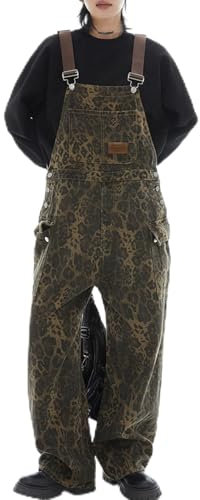 tsaChick Jumpsuit With Pockets Long Women'S Dungarees Leopard Print Denim Dungarees Playsuit Sleeveless Overall Loose Casual Classic Bib