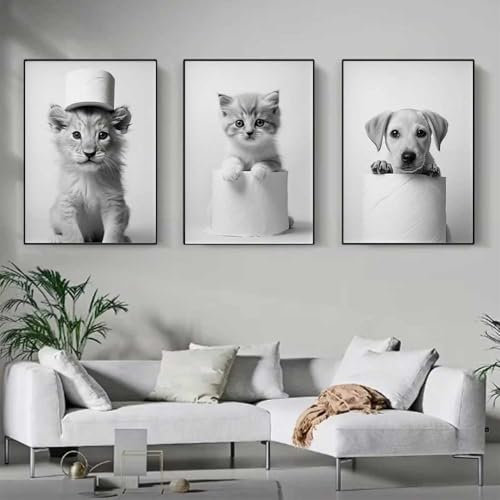 3 Affiche Salle de Bain Animaux Noir et Blanc Tableau Toilette Poster Amusant WC 30x40cm Impression sur Toile Humour Photo Animaux WC Image Animal Toilette Toile Decoration Murale