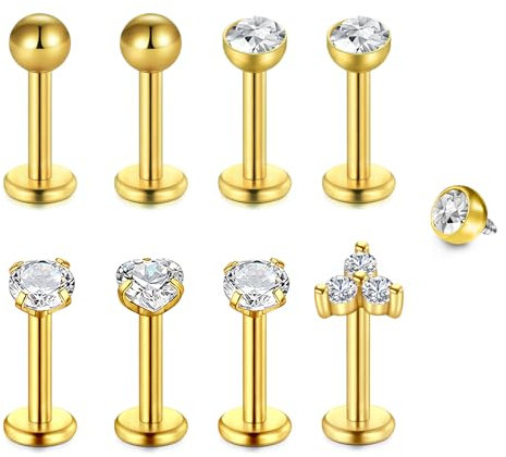 WillTen 16G Tragus Helix Piercing Set - Labret, Lippenpiercing, Medusa Ohrpiercing in Silber und Gold - 8 Stück Chirurgenstahl Conch