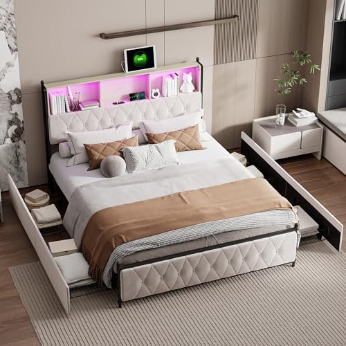 PerGar Polsterbett Doppelbett, Bett mit LED Beleuchtung, Ladestation & 4 Schubladen, Kopfteil mit Stauraum und USB-Anschlüssen, LED Bett, Stauraumbetten, Samt, Ohne Matratze, Beige (160x200cm)