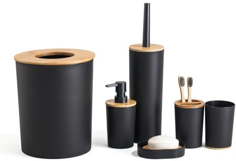 Herzberg, HG04456, Ensemble de salle de bain en bambou 6 pièces, design moderne et élégant, parfait pour votre intérieur, taille : 6 pièces, couleur : Noir