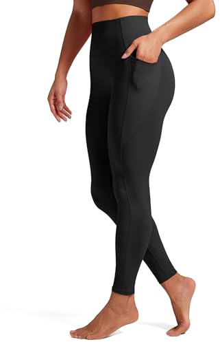 Queenie Ke BareLuxe Damen Leggings mit Taschen 64 cm – Bonded Bund mit Bauchkontroll-Effekt, Nahtlose Vorderseite Yoga Hosen (Schwarz, L)