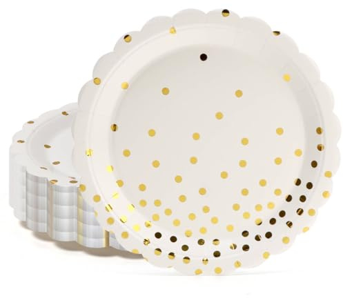 PARTY GO 50Pcs White and Glod Paper Plates 9 23cm Scalloped Dot Party Plates Set for Dinner and Dessert Great for Birthday Parties, Holidays, Weddings, Graduation Decorations