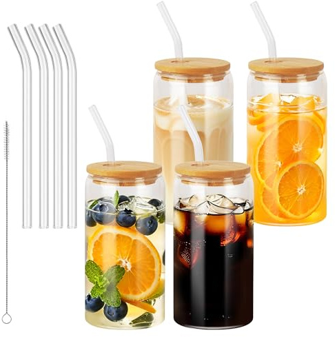 Nuangoo 4er Set Glas mit Deckel und Strohhalm, 500 ml Trinkgläser mit Deckel,Cocktailgläser Gläser Set,für Iced Coffee Glas, Cocktails,Latte,Smoothie,Whiskey (500 ml – 4 Stück)