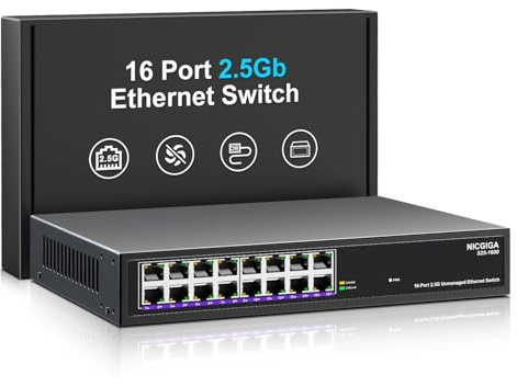 Switch Ethernet 2.5Gb a 16 porte non gestito, NICGIGA Switch di rete 2.5G a 16 porte, Plug & Play, design da scrivania o per montaggio su rack da 19 pollici, struttura in metallo senza ventola.
