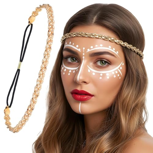 Stirnband Frauen Gold Glitzer Haarbänder Boho Haarreif Goldenes Elastisch Haarband Verstellbare Kopfkette Haarschmuck Glänzendes Stirnband für Damen Mädchen Hochzeiten Partys und Alltag
