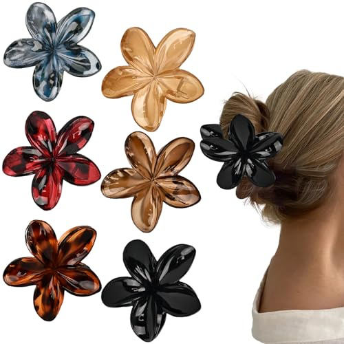 6 clips para cabello en forma de flor, grandes pinzas para pelo grueso, antideslizantes, sujeción fuerte, accesorios hawaianos para chicas y mujeres (Leopardo-C)