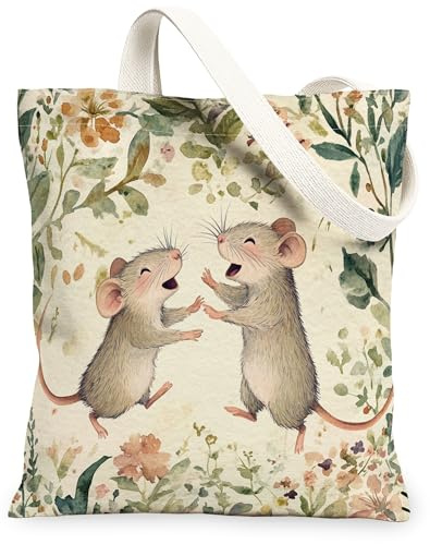 Einkaufstasche aus Segeltuch, Motiv: Frühlingsratte und Maus, 33 x 38 cm, niedliche Blumen, wiederverwendbare Einkaufstasche für Frauen, Tierarbeit, Reisen, Malerei, Geschenk, Dekoration