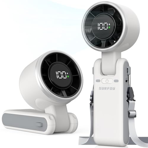 SURFOU Handventilator 4000mAh Akku, Tragbarer Mini Turbo Ventilator mit 5 Stufen, LED-Anzeige, 3-in-1 faltbar, USB-aufladbar, Leistungsstark für Büro, Reisen und Outdoor, Weiß