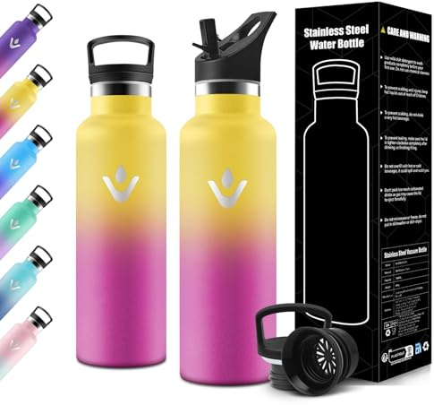 Motswedi Gourde Isotherme Enfant, 500ml avec Paille, Gourde Enfant, Réutilisable, Thermos, Anti-Fuite, Bouteille Isotherme, pour l'école, Voyage, Camping, Sport, Gym, Jaune & Rose