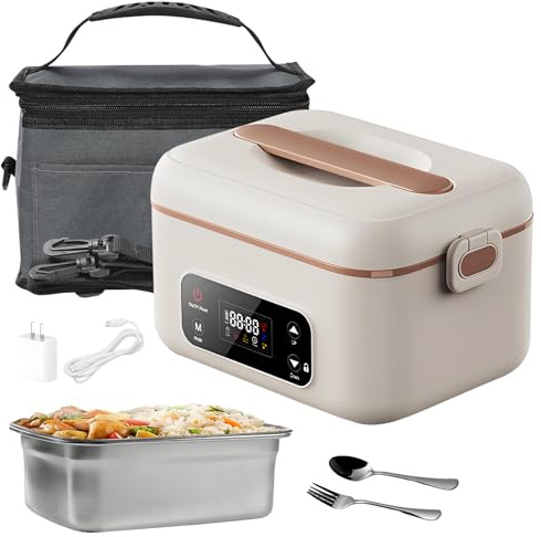 1 L - Cuenco calefactor con batería, caja de almuerzo eléctrica inalámbrica para adultos, 16000 mAh recargable con temporizador para viajes, oficina, picnic (blanco)