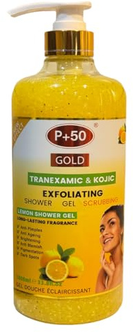 P+50 Gold Lemon Skin Brightening & Exfoliating Shower Gel 1000ml – Kojic Acid & Tranexamic Acid Body Wash – Deep Cleansing, Smoother & Radiant Looking Skin