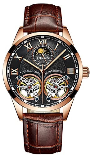 Reloj de Pulsera mecánico automático Hombre con Doble Cuero Tourbillon