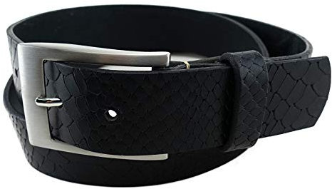 TigerTie - hochwertiger Herren Wasserbüffelledergürtel (Vollleder) in schwarz mit Kroko-Optik, Schnalle in Silber, Gürtel ist kürzbar - 35 mm breit, Bundweite 110 cm