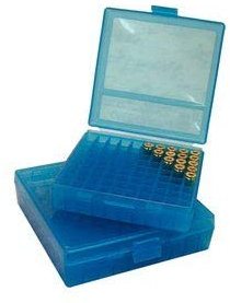 X-Targets MTM - Contenitore per cartucce in plastica con coperchio, 9 mm, 9 x 18 mm, colore: Blu