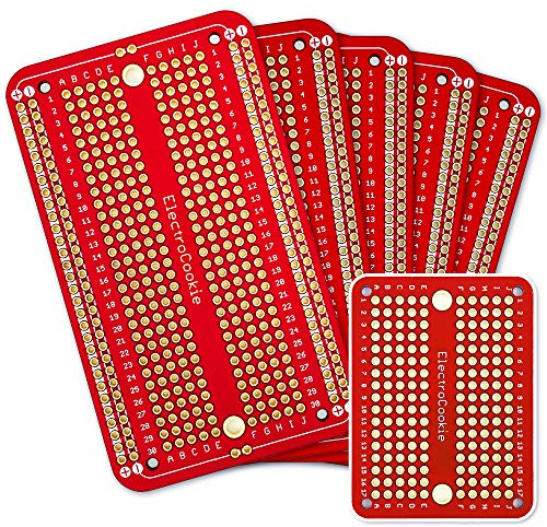 ElectroCookie Prototype PCB Solderable Breadboard for Electronics Projects Compatible for DIY Arduino Soldering Projects, Gold-Plated (5 Pack + 1 Mini Board, Red)