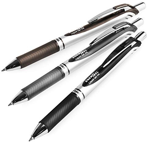 Pentel EnerGel XM BL77 – einziehbarer Flüssiggelschreiber – 0,7 mm – 54 % recycelt – Schwarz, Grau, Sepia – 3 Stück