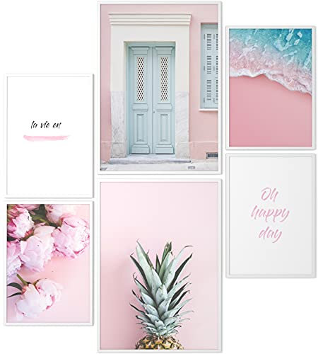 Papierschmiede® Mood Poster Set La Vie En Rose, Fertiges Bilder Set mit Rahmen (Holz, weiß), Wohnzimmer Deko Schlafzimmer, 2x DIN A3 und 4x DIN A4, Rosa Ananas Pfingstrosen