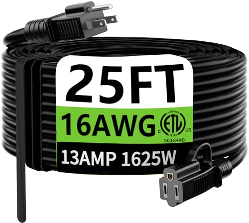 HUANCHAIN Black Indoor Outdoor Extension Cord, 25 ft, 16/3 Gauge, 13A 1625W, 3 Prong, Heavy Duty, ETL Listed, Suitable for Home Office Use, Compatible with All Standard 3-Prong Devices