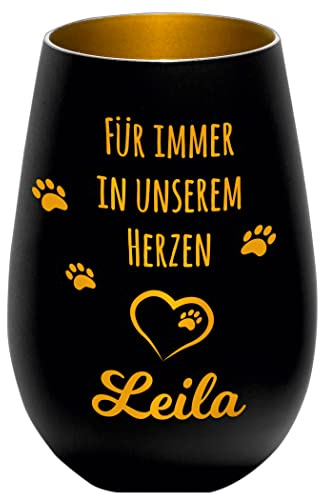 Trauerlicht Windlicht Haustier Hund Katze - Für Immer in unserem Herzen - schwarz/Gold - Personalisierbar mit Gravur und Namen - Gedenklicht Erinnerungslicht Grablicht Trauergeschenk