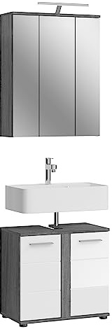 xonox.home Badezimmer Blake 2tlg. Kombination Badmöbel Set Set für kleine Bäder Komplettprogramm Badezimmer Bademöbel-Set in weiß Hochglanz, rauchsilber Nachbildung inkl. Beleuchtung
