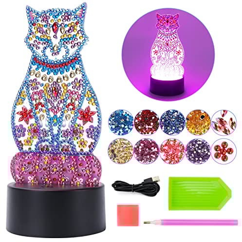 Basteln Mädchen 5 6 7 8 10 Jahre, Spielzeug ab 5 6 7 8 Jahre Mädchen Bastelset Geschenke für Mädchen Kinder ab 6-7-8-9 Jahre Jungs Diamond Painting Katze Bilder Nachtlicht Deko Geburtstag Geschenke