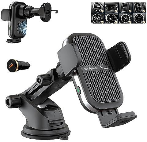 Wefunix 15W Chargeur Induction Voiture, [Double Bobine + Ventilateur] Serrage Automatique Qi Chargeur Sans Fil Rapide pour iPhone 11 12 13 14 15 16 XS SE Samsung Z Flip S25 S24 S23 S22 S21 Note Huawei