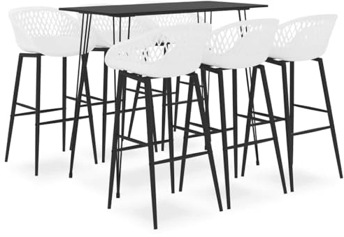 Foknhdi 7-TLG. Bar-Set Schwarz Weiß 120 x 60 x 105 cm aus MDF & Metall Modernes Design Robustes Tresen-Möbel-Set mit 6 Barhockern für Garten Küche Balkon Terrasse und Restaurants