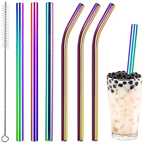 Vinaco Rainbow Stainless Steel Milkshake Straws, 6 Pack, 10.5 & 8.5 Long, 0.4 Wide, Reusable, Eco-friendly, Extra Wide
