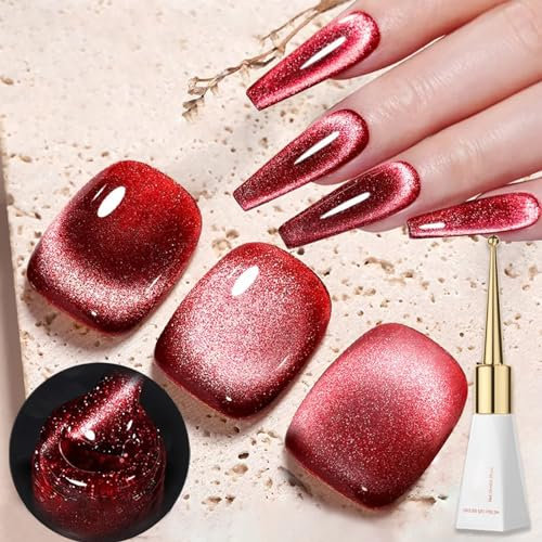 Jelly Cat Eye Gel Nail Polish, Red Glitter Crystal Gel Polish, Glitter Red Magnetic Nail Polish Soak Off UV/LED, Sparkle Shiny Holographic Cat Eye Gel Polish for Nail Art Manicure Salon DIY at Home