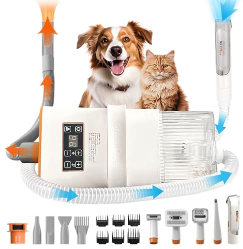 KITPLUS Hundepflege-Vakuum-Kit, Hundeschermaschinen, professionelles Haustierpflege-Vakuum mit großer Kapazität, 8 Fellpflege-Werkzeuge, Saugen 99% Tierhaare für einfache Fellpflege, Schwarz & Weiß