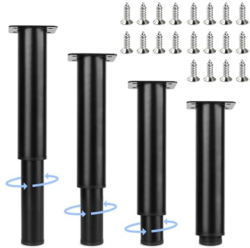 LONHCHI Lot de 4 pieds de meubles réglables en hauteur de 18 à 32 cm - En métal noir - Hauteur réglable jusqu'à 30 cm - Pour meubles, canapé, lit, table de chevet, armoire - 20 vis