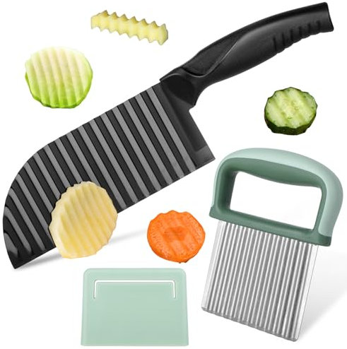 Wellenschneider, Wellenschneider Gemüse, 2Stück Wellenmesser für Gemüse, Pommes Wellenmesser Edelstahl+ Crinkle Cutter mit Schützendem und Schutzhülle, Kartoffelschneider für Salat, Gemüse und Obst